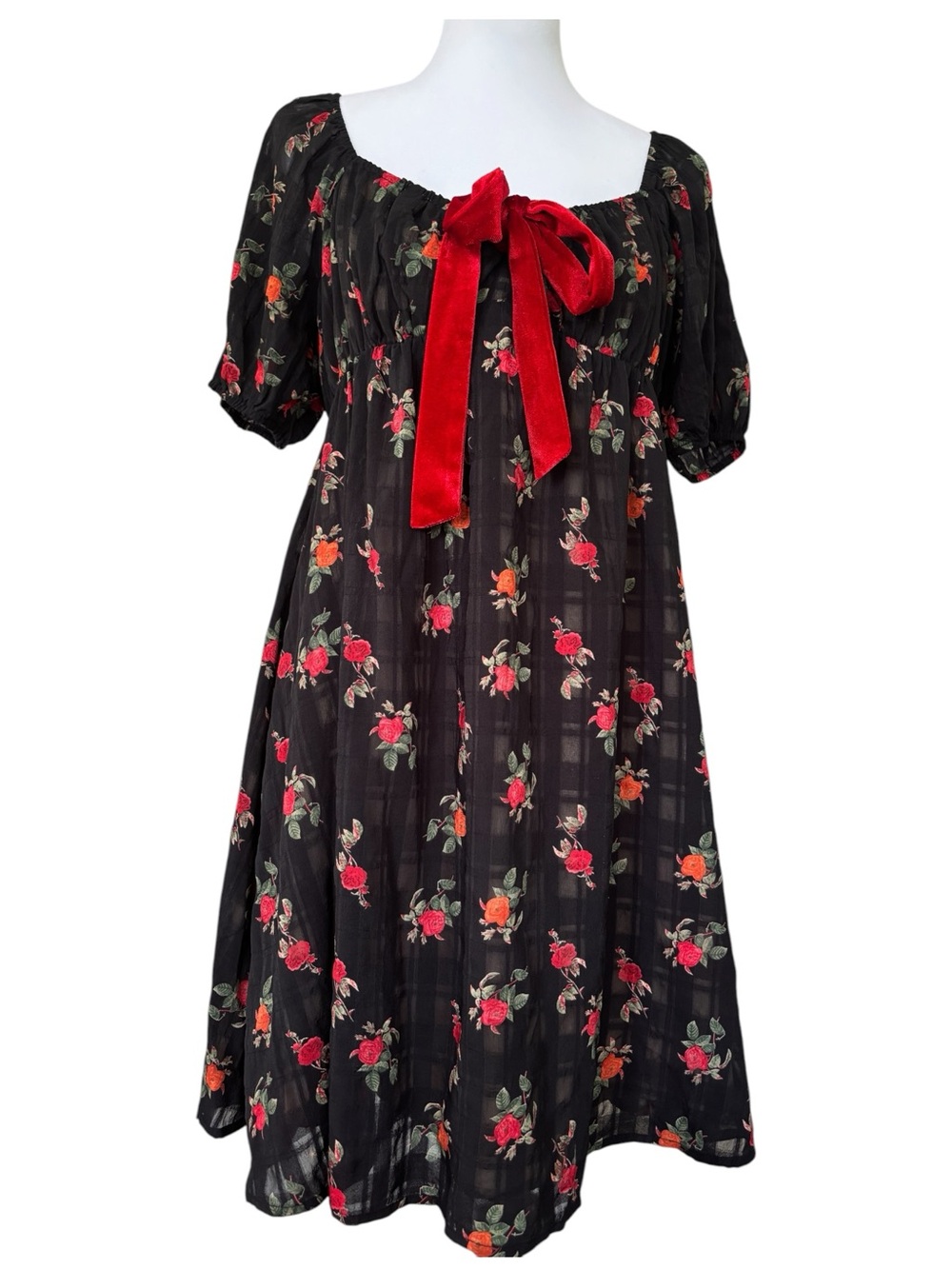 Black Rose Floral Velvet Bow Babydoll Mini Dress